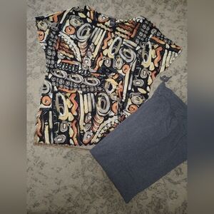 2 Piece Abstract Geometric Print Top - Black, Cream & Orange Xl